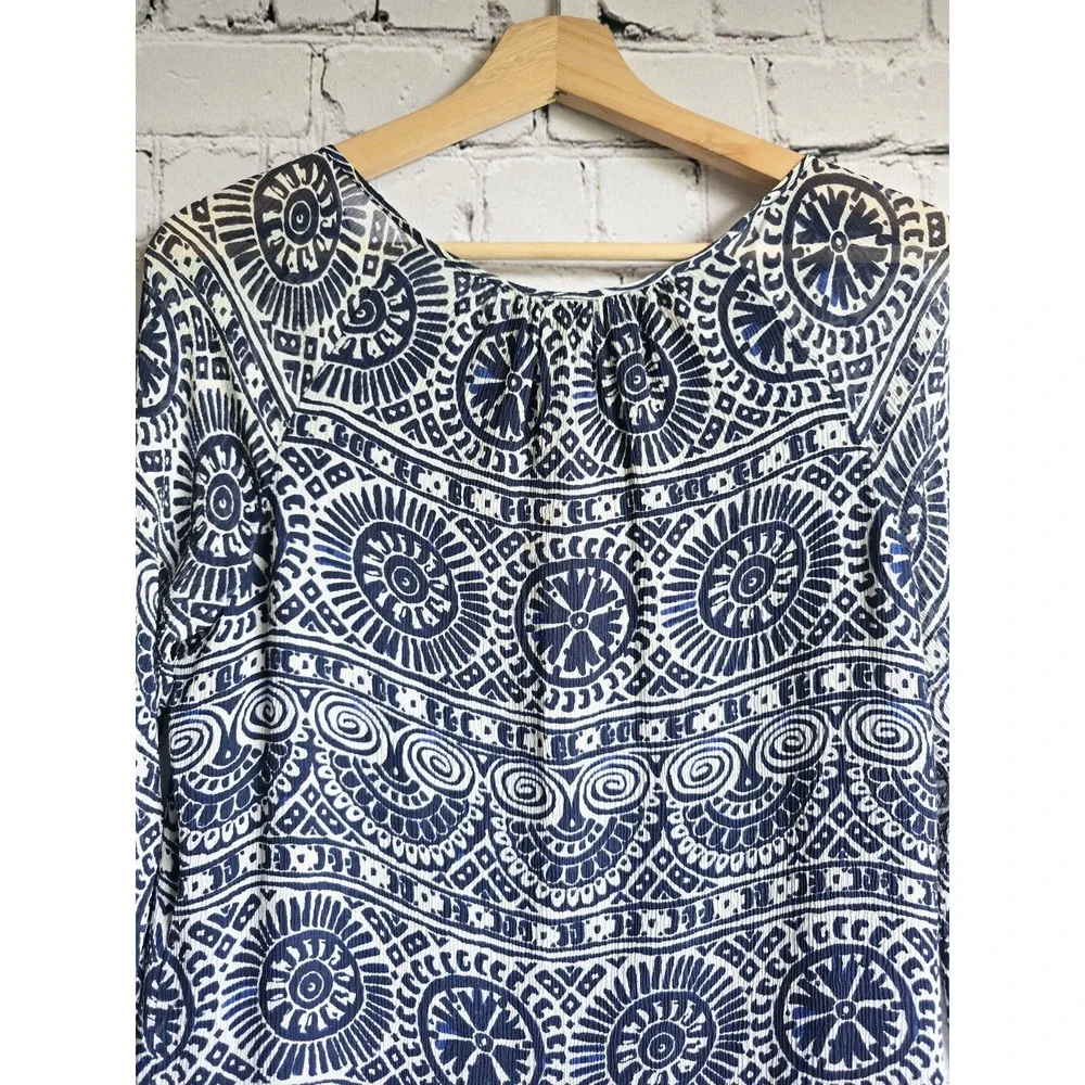 Tory Burch Silk Shell Navy Blue White Patterned Long Sleeve Button Accent Blouse